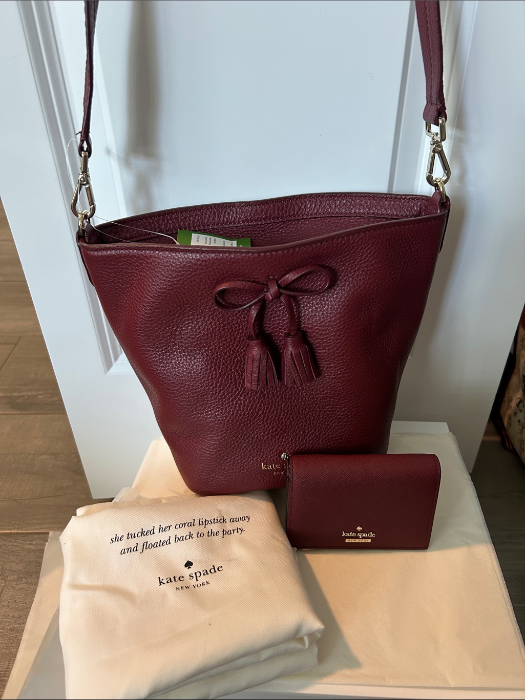 Kate Spade Wine Pebbled Leather Tassel Bucket Shoulder Bag With Matching Wallet